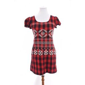Silence + Noise Womens Buffalo Plaid Tunic Top Embroidered Red Black Sz Small